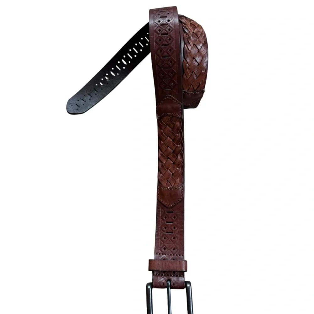 VTG Belt Brown Leather Men Sz 34/35 MED Tooled Braided Embossed Textured Western